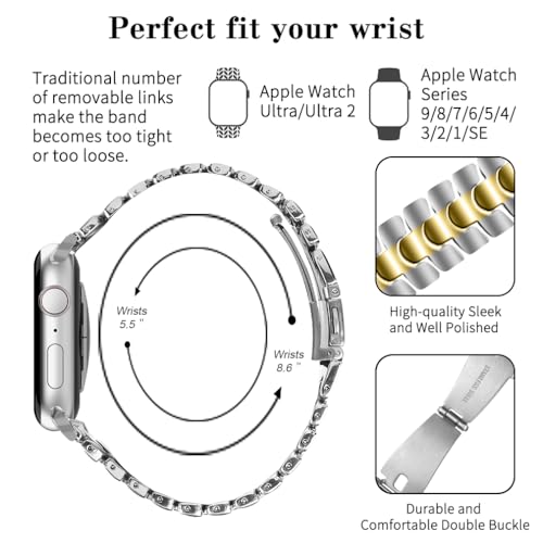Thin Metal Band Compatible with Apple Watch Band 38mm 40mm 41mm 42mm 44mm 45mm 49mm, Dressy Stainless Steel Chain Strap, Slim Fancy iWatch Band with Case for Women Men