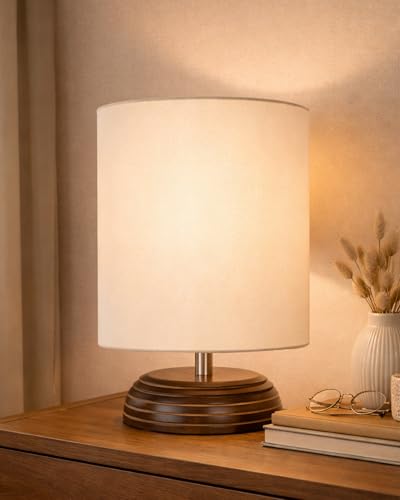 Image of Homesake Wooden Base Table Lamp with Fabric Drum Shade Aara | Warm Ambient Bedside Lamp for Bedroom, Living Room, Study, Office, Modern Classic Night Lamp Home Decor, (KD Off-White)