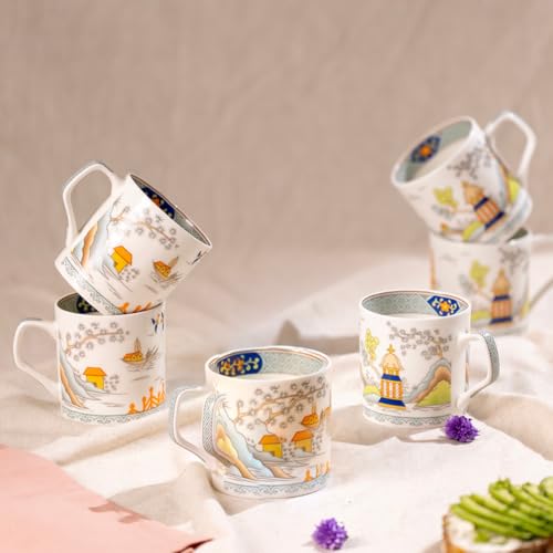 Image of GOLDEN QUEEN'S Handcrafted Floral Tea Cups - Set of 6 | Perfect for Daily Use, Elevate Your Tea and Coffee Experience - Oriental Pagoda
