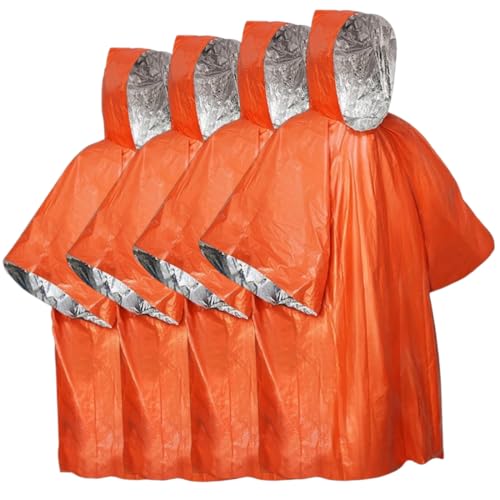 MIRouer Emergency Poncho with Mylar Blanket Liner for Survival Gear, Waterproof, Wind-Resistant Green Rain Poncho for Outdoors, Camping, and Car Emergency Kits - Thermal Poncho - 4 Pack (Orange)