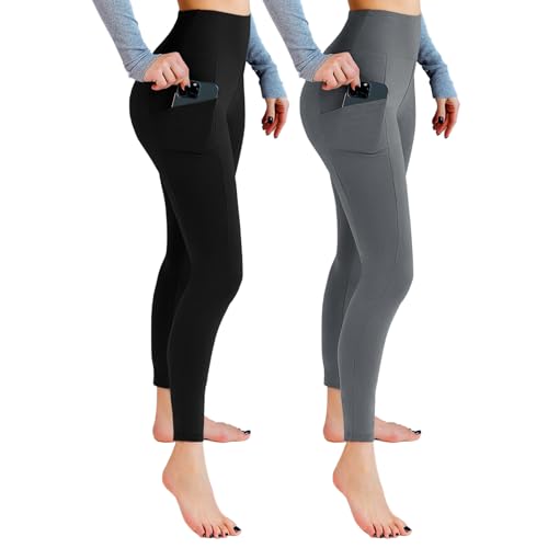 Leafigure 2er Pack Sport Leggings Damen High Waist Sporthose Damen Mit Taschen Gym Leggings Blickdicht für Sport Yoga Schwarze/Grau LXL