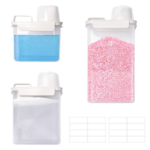 3 Pcs Dosificador Detergente Lavadora Hermetico, 2,5 L 1,8L 1,3L, Caja de Almacenamiento de Detergente en Polvo, con Taza Medidora y Etiqueta, Contenedor de Almacenamiento para Cereales Azúcar Muesli