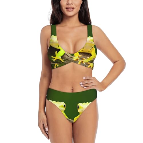 Bikini 2 pièces imprimé geckos anti-ventre rond gainant et confortable pour masquer les imperfections