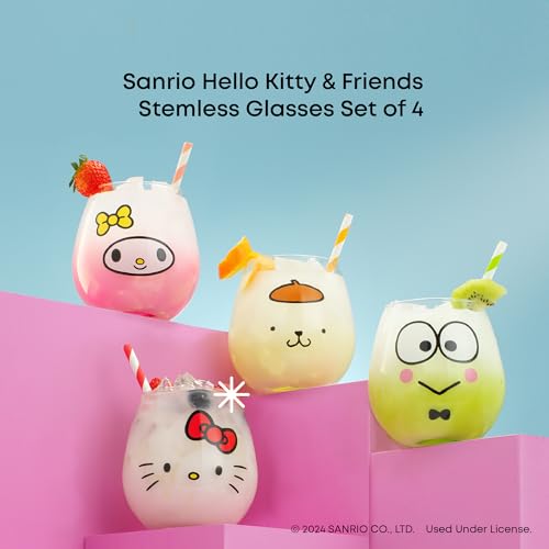 Image of JoyJolt Sanrio Hello Kitty & Friends Hello Sippy Drinking Glasses, 15 oz Stemless Glass Cups Set of 4 ft Hello Kitty Keroppi My Melody Pompompurin, Cute Glasses for Water, Juice, Kawaii Tumbler