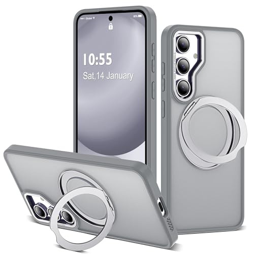 Image of for Samsung Galaxy S24 FE Case with 360 Rotatable Magnetic Ring Stand Compatible with Mag-Safe Military Protection Shockproof Matte Translucent Phone Cases for S24 FE,Gray
