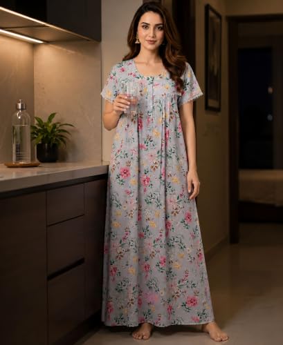 Image of Chikankari Nighty| Nighty for Women Stylish| Night Gown for Women Stylish| All-Over Chikankari Design| Premium Blend Cotton Fabric| Elegant Lace Yoke| Lightweight & Breathable Fabric|