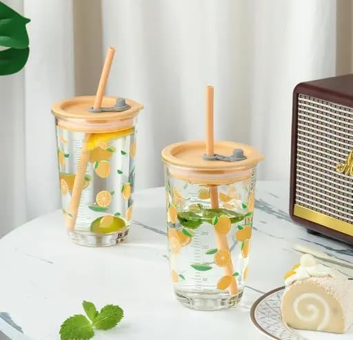 Image of Round Wave Cola Mug Can Sipper with Straw - 530ml Reusable Aesthetic Glass Tumbler for Juice, Milk, Smoothies, Iced Coffee, Tea, Water & More - Durable Drinking Cup (Printed Fruit Bottle)
