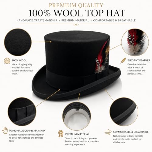 Image of Wool Top Hat for Men Women Topper Hat Mens Tall Tophat Christmas Costume