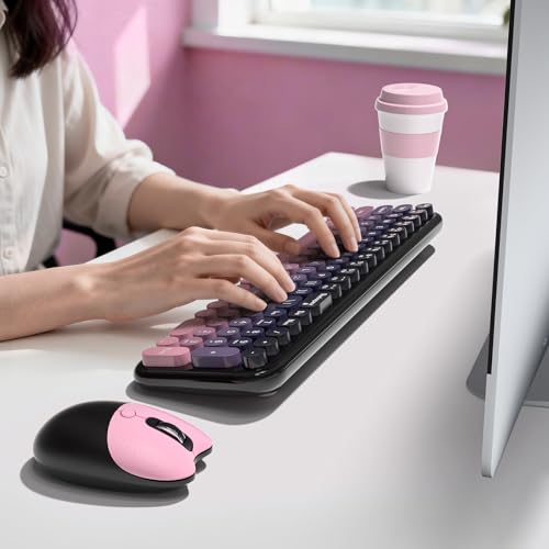 Image of KNOWSQT Wireless Keyboard and Mouse Combo - CherryPink-Gradient 2.4G Full-Size Typewriter Cute Colorful Keyboards - USB Plug and Play, for Windows, Laptop, Computer, PC, Desktop