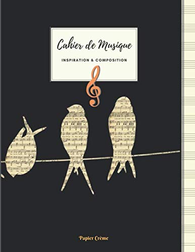 Cahier de Musique INSPIRATION & COMPOSITION Grand Format | 100 Pages | Papier Crème: Couverture fantaisie – Portées Notes Hirondelles.