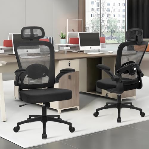 Image of KLASIKA Desk Chairs with Wheels, Ergonomic Mesh Back Home Office Chair with Headrest, Adjustable Lumbar Support Swivel Rolling Computer Chairs with Flip Up Arms for Conference Meeting Room, Black, 2PK