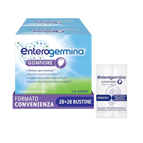 Enterogermina Gonfiore Fermenti Lattici Probiotici e Prebiotici, 28 Bustine | Integratore con Enzimi Digestivi ed Estratti Vegetali contro Pancia Gonfia e Gonfiore Addominale, per Adulti, Gusto Pesca