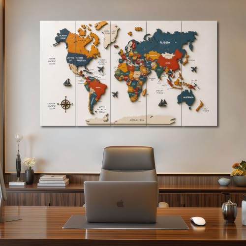 Image of The Castle Decor World Map Painting With Frame 5 Big Size Multiple Frames Wall Art Painting for Living Room,bedroom,drawing Room,hotels-wooden Framed-digital Painting (36x60 inch, multicolor8)