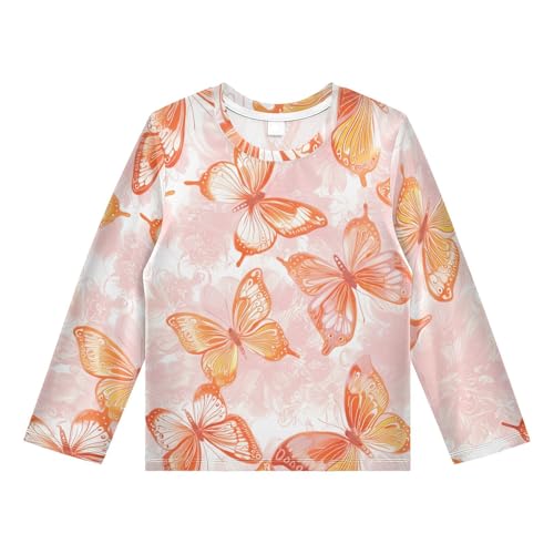 DOMIKING Orange Butterfly Floral Boys Long Sleeve Rashguard Shirt Kids Quick Dry Swim Shirt for Kids Toddlers 9-10T