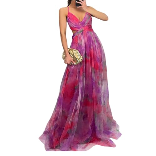 Amazon.com: Women's Floral Tulle Wedding Guest Prom Dress Sexy Spaghetti  Straps V Neck A Line Formal Colorful Cocktail Maxi Dresses : Clothing,  Shoes & Jewelry