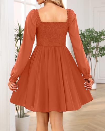 Image of Holipick Women's Casual Square Neck Smocked Dress Shirred Ruffle Puff Sleeve High Waist Cute Flowy A-Line Short Dress