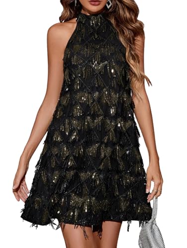 OYOANGLE Women's Sequin Sparkly Cocktail Party Dress Glitter Sleeveless Halter Mini Dress Outfits Clubwear Black and Gold XL