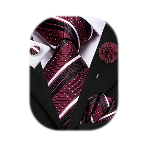 Image of Hi-Tie Men Silk Ties Set with Flower Lapel Pin Necktie Pocket Square Cufflinks for Tuxedo Wedding Business