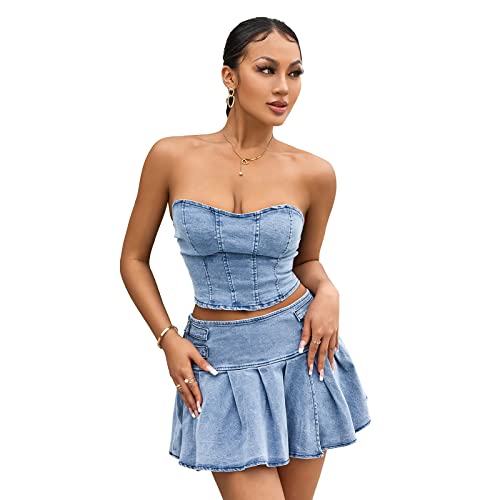 Women's Denim 2-Piece Set - Off-Shoulder Tank & Pleated Skirt, Summer Matching Sleeveless Outfit4