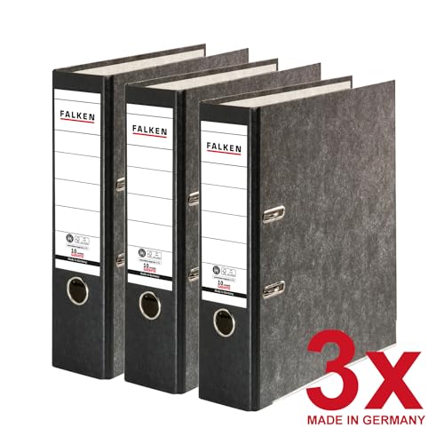 Original Falken 3er Pack Recycling-Ordner Wolkenmarmor. Made in Germany. 8 cm breit DIN A4 schwarzer Rücken Ringordner Aktenordner Briefordner Büroordner Pappordner CO2-Neutral Blauer Engel