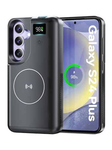 Battery Case for Samsung Galaxy S24 Plus 6.7', 10000mAh Portable Charger with LED Display, Qi Wireless Charging, 20W USB-C Fast Charging, Sync Data & Wired Audio Supported – Black
