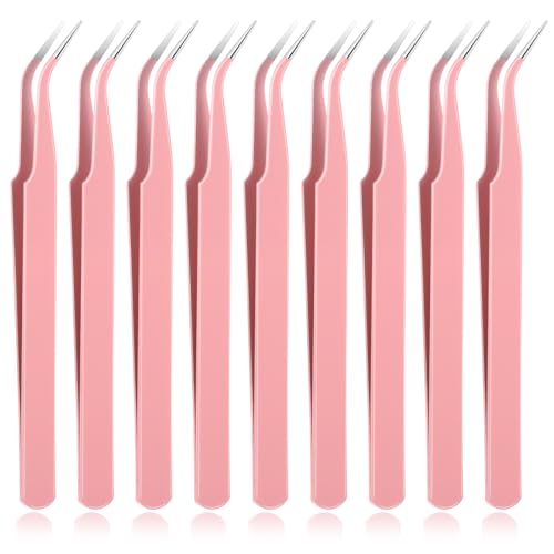 9 Pcs Precision Tweezers Stainless Steel Craft Tweezers for Crafting Curved Tweezer Multipurpose Pointed Long Tweezer for Crafting DIY Bead Jewelry Making Scrapbooking Crafts Nail Art (Pink)