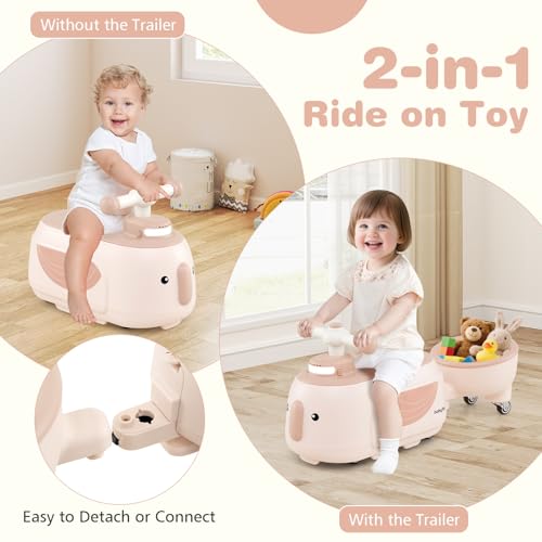Image of Costzon Toddler Ride On Toys, 2 in 1 Ride-On Scooter with Trailer, Light, Music & Under-Seat Storage, Foot-to-Floor Sliding Car, Kids Riding Toy for 1+ Year Old Boys & Girls (Beige)