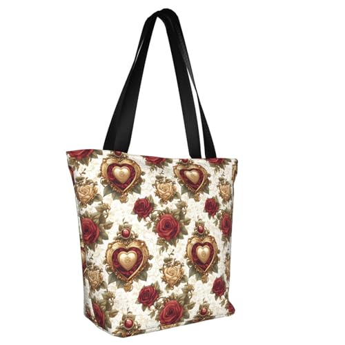 Nevjipu Bolsas de trabajo para mujer, ligeras, reutilizables, con estampado de rosas rojas, bolsas de compras para mujer, bolsa de hombro de viaje mediana con cremallera