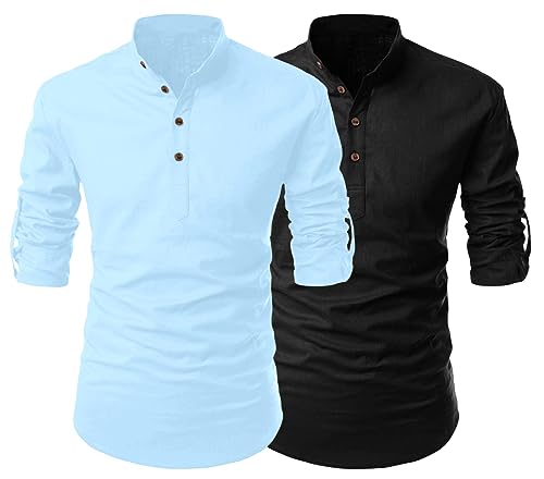Image of FINIVO FASHION Combo of Men's Cotton Blend Solid Regular Fit Full Sleeve Straight Short Kurta Shirt, Casual and Formal Wear
