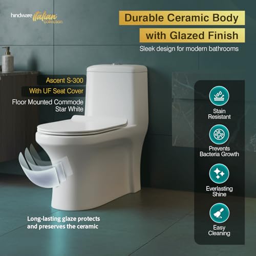 Image of Hindware Italian Collection Ascent One-piece EWC for Bathroom | S-300 Trap | Made of Ceramic | 10-year Warranty | 6D Syphonic Flushing | Duroplast Seat Cover | Rimless Design | Soft Close