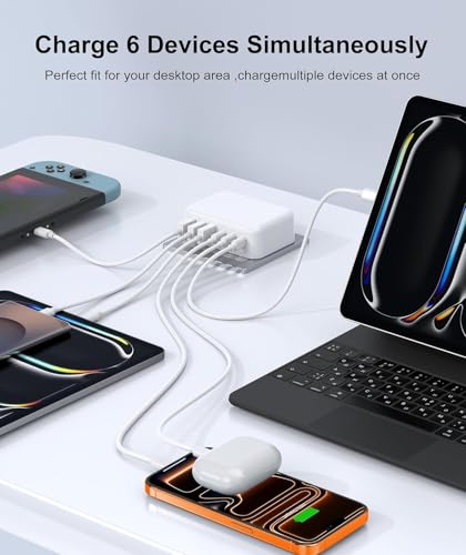 Image of Fast Charger Block, GaN 6 Port USB C Charging Station Hub Cube, 100W Multiport Type C Wall Charger Power Strip Plug with PD 3.0+QC for iPhone13 14 15 16 17 Pro Max XR XS 8 7, Samsung, iPad, Table