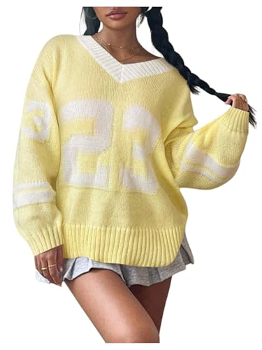 Image of Women's Y2K Sweater Oversized Sweaters Long Sleeve V Neck Pullover Jumper Knit Top