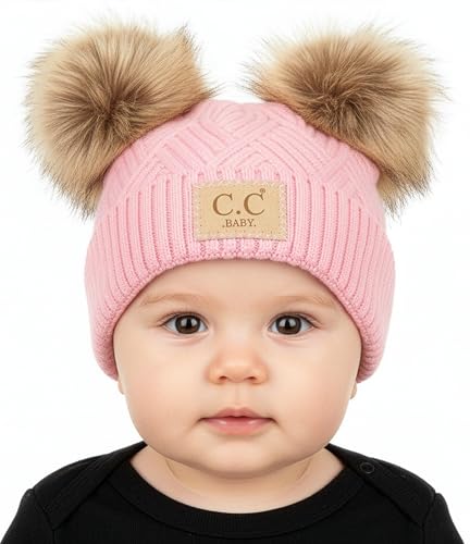 Image of Funky Junque Double Pom Pom Baby Beanie – Newborn Girl Winter Hat 0–12 Months, Cute Cozy Knit Infant Beanies for Cold Weather