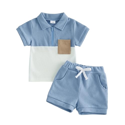 Carolilly Ensemble Enfant Bébé Garçon 2 Pièces Polo T-Shirt à Manches Courtes Col Rabattu et Demi-Zip Couleur Contrastée + Short Vêtement d'été...