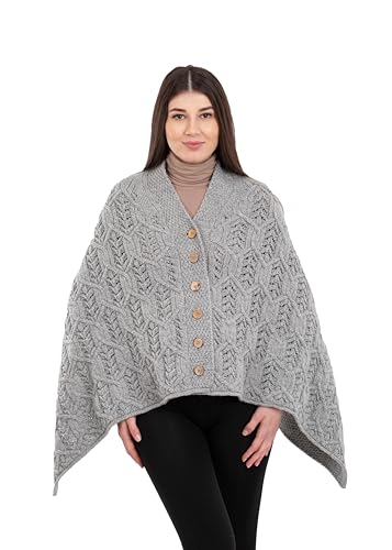 Image of SAOL Aran Poncho 100% Merino Wool for Ladies with Buttons V-Neck Shawl Cardigan