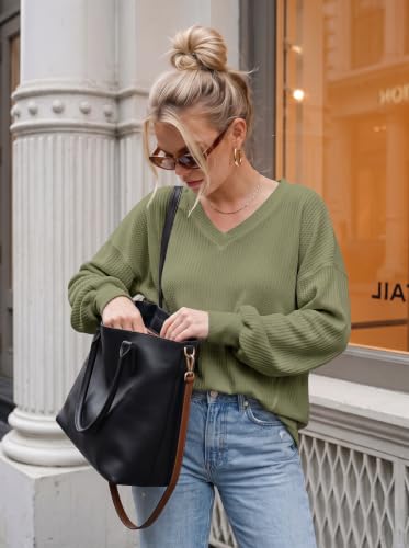 Image of Dokotoo Womens Waffle Knit Tops Trendy Fashion 2026 Oversized T Shirts | Lightweight,V Neck,Casual,Batwing Sleeve,Loose Fit,Irregular Hem,Boyfriend Style,Oversized,Fall Outfits