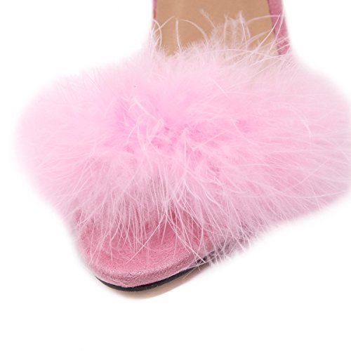 Image of MMJULY Women's Open Toe Ankle Strap Fluffy Feather Stiletto High Heel Dress Sandal