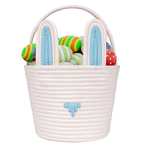 Image of Easter Basket Empty Bunny Egg Baskets With Handle And Ears Easter Gifts Cute Woven Basket (blue)
