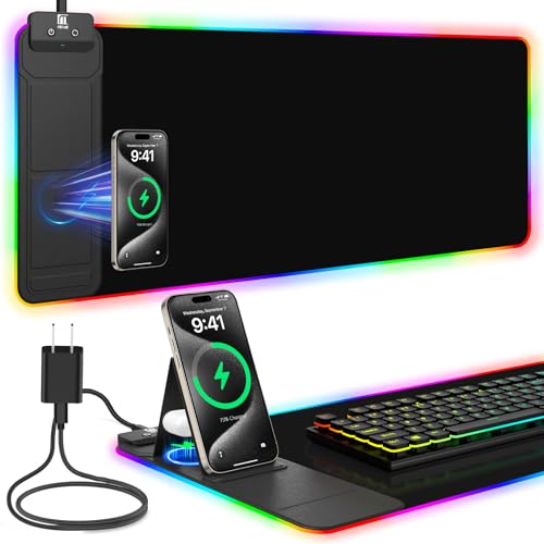 Image of Mouse Pad with Foldable Phone Holder & Wireless Charger, XL RGB Gaming Mousepad 31.5 inchx11.8 inch Large Desk Mat for Keyboard, Home Desk Pad with Dual Qi Charging Station | 11 Colors & 5 Modes | Waterproof
