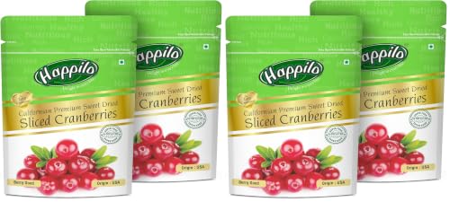 Image of Happilo Premium Californian Sliced Cranberries Dried & Sweet, Healthy Snacks, Dry Fruits, High Antioxidant & Berry Good for Skin Health, 400 g, Pack of 4