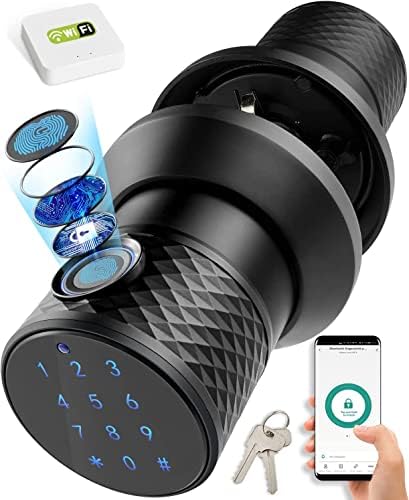 Black Smart Door Knob with Keypad, Keyless Fingerprint Door Lock with Upgrade Gateway, Secure Bluetooth, App Control, Easy Install, Auto Door Lock for Home, Apartment, Hotel, Office