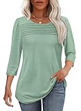 Ladies Tops and Blouses 3/4 Length Sleeve Plus Size Spring Clothes Fashion Clothing Pleated Front Dressy Casual Tshirts Shirts Summer Clothes Green M