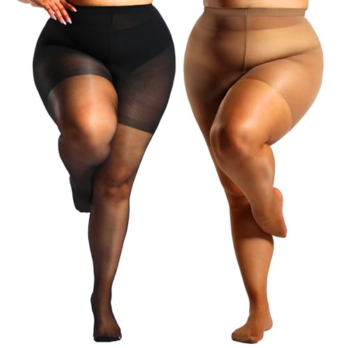 GIFTPIXIE Plus Size Tights for Women 2 Pairs Control Top Pantyhose with Reinforced Toes Sexy Nylon Stockings Black+Tan 3X-4X