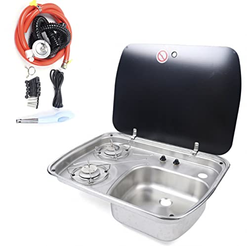 Camping RV Sink Gas Stove 2 Burner Cooktop Boat Caravan Camper LPG Gas Stove Hob and Sink w/Tempered Glass Lid Cover, RV Outdoor Kitchen Sink Cooktop Stainless Steel RV Stove Sink Hand Wash Basin