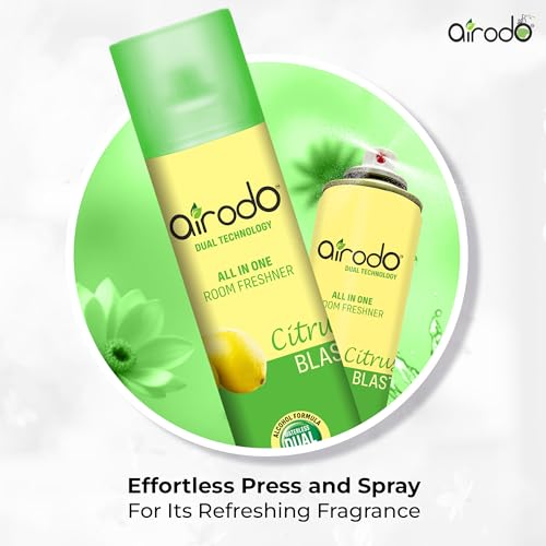 Image of AIRODO Citrus Blast and Floral Crush Air Freshener Combo Pack with Dual Technology, Easy Push and Spray, Stain Removal, All in One Room Freshener for Home and Office (250ml, Pack of 2)