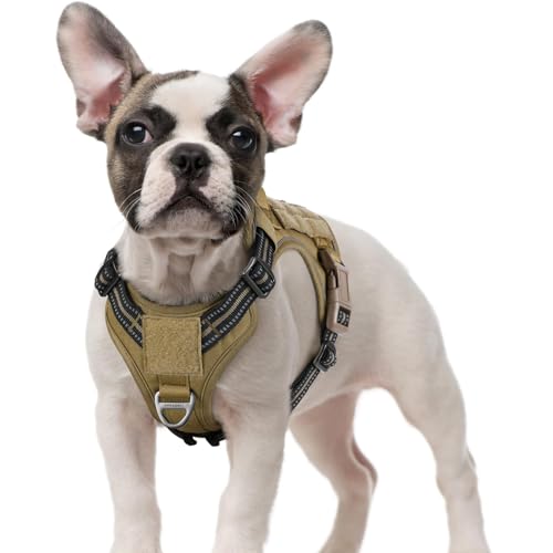 rabbitgoo Tactical Dog Harness for Small Dogs, No Pull Military Service Vest with Handle & Molle, Easy Control for Training Walking, Adjustable Reflective Straps, Brown, S