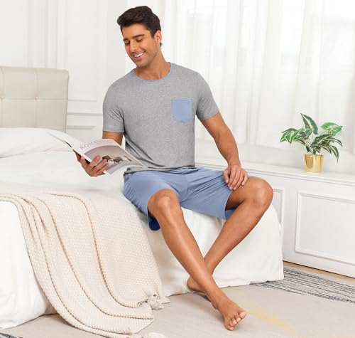 Image of PrinStory Mens Summer Pajamas Set Lightweight Pjs Sets Short Sleeve Pajama Shorts Set Soft Sleepwear Loungewear with Pockets