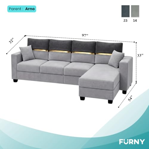 Image of Furny Arvea 5 Seater Fabric RHS L Shape Sofa Set (Light Grey-Dark Grey) | Soft Velvet Fabric | Modern Design | Comfortable Seating | Living Room Furniture