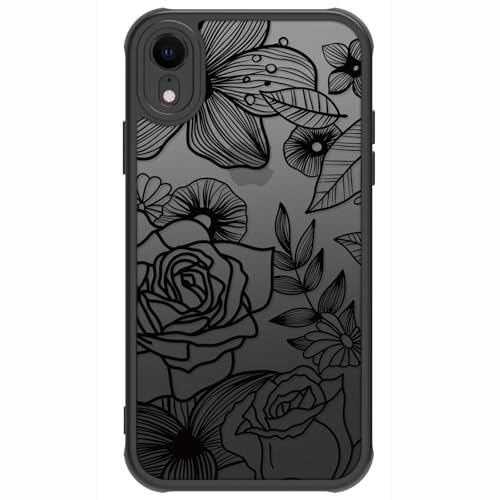 Dumkery Cute Flower Phone Case Compatible with iPhone XR, Rose Aesthetic Black Line Art Floral Pattern Print, Hard PC and TPU Heavy Duty Protection Shockproof Cases Cover for Girls Women