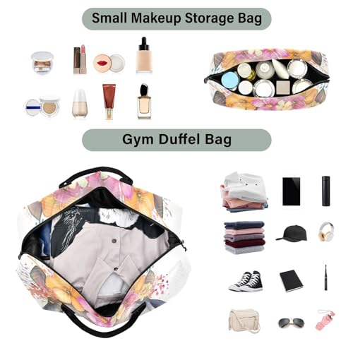 Large Travel Duffel Bag, Yellow Floral Hippo Sport Tote Gym Bag, Shoulder Weekender Overnight Bag for Women Men, Carry On Luggage with Toiletry Bag4